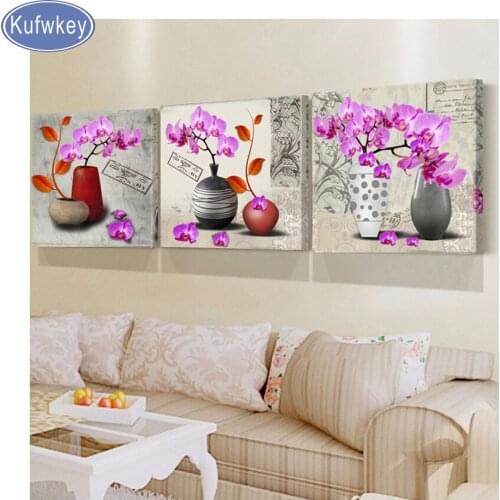 DIY,Full,square Diamond Embroidery,Orchid flower,5d,Diamond Painting 3pcs,set,Cross Stitch kit,3D,Diamond Mosaic,room Decoration