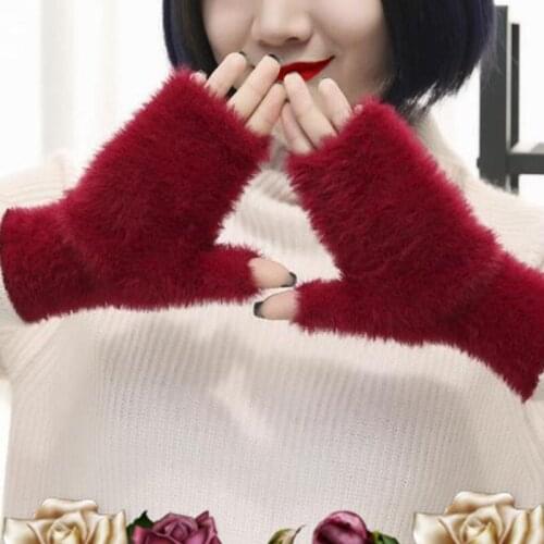 Autumn Winter Mink Cashmere Gloves Women Warm Soft Half-Finger Mittens Short Knitted Fingerless Gloves