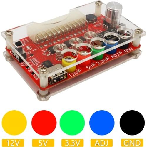 ATX 24 Pins Power Supply Breakout Board With ADJ Adjustable Voltage Knob Acrylic Kit Module Supports 3.3V/5V/12V 1.8V-10.8V(ADJ)