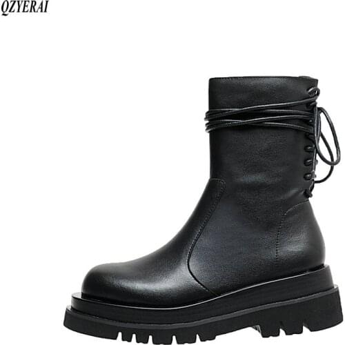 QZYERAI New boots Genuine leather Female boots ankle Womens boots The bottom of the thick cowhide shoes Size 34-40