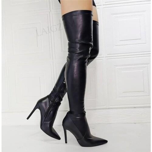 BERZIMER Women Thigh High Heels Boots Side Zip High Heels Boots Over Knee Stretchy Unisex Ladies Shoes Woman Big Size 39 44 47