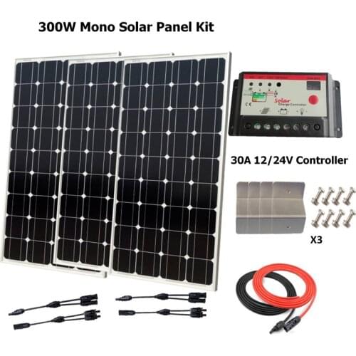 Solar Battery 300W Monocrystalline Solar Panel Kit:300w solar panels+PWM LED 30A Solar Controller+Accessories Boat Cabin Camping