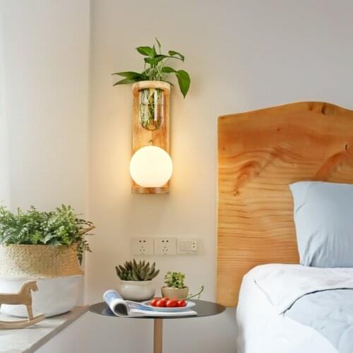 Modern Wooden E27 LED Wall Lamp Creative Green Plant Pot Wall Light For Bedroom Dining Room Balcony Home Decor Bedside Lamps