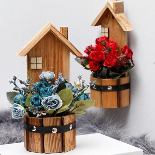 Fresh Artificial Wooden House Simulation Rose Bonsai Exquisite Wall Hanging Portable Artificial Potted Plant for Wedding