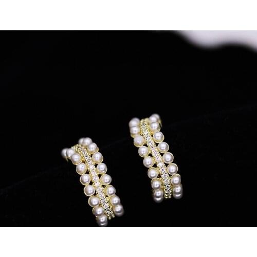 SWOUR Gold Color Elegant Unique C Shape Design Jewelry Double Lines Pearl Cubic Zirconia Half Circle Stud Earrings Femme S868