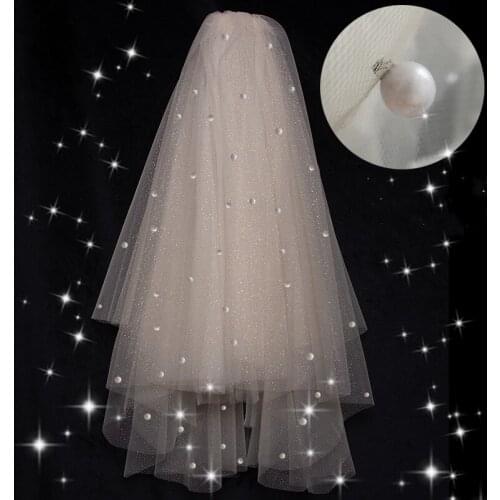 TOPQUEEN V91 White Champagne 2 Layer Veil Medium-long With Pearls Turkish Veiled Starry Sky yarn Bridal Cape With Metal Comb