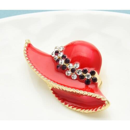 Wuli&baby Red Enamel Flower Hat Brooches For Women Sunhat Topee Design Suits Shirt Brooch Pins Gifts