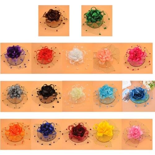 Womens Kids Girl Mesh Veil Hat Hair Clip Elegant Ribbon Big Flower Solid Color Fascinator Small Plush Wave Point Bridal 17