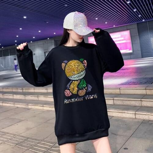 Crewneck Sweatshirt Crystal Rhinestone Hoodie Women Spring Korean Fashion Plus Size Cartoon Anime Harajuku Kawaii Mid-length Top