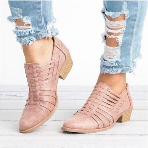 2021 Women Casual Ankle Boot Cut Out Slip On Low Heel PU leather Short Boots Female Autumn Fashion Pointed toe boot