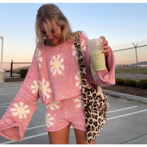 Ardm Casual Floral Knitted Sweater Shorts Sets Fashion Loose Tops Women 2021 Sweet Autumn And Winter Thick Two Piece Set Women