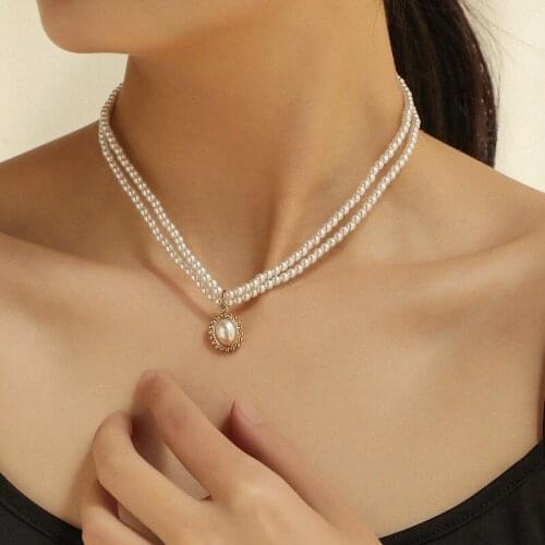 2021 Double Layered Pearl Pendent Necklace vintage for Womens girls Elegant Neck Chain retro Fashion Pearl Choker Collar Jewelry