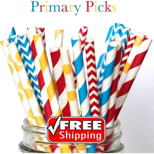 150pcs Mixed 6 Designs PRIMARY PICKS Themed Paper Straws-Red,Blue,Yellow-Stripe,Dot,Chevron-Carnival,Circus,School,Party,Boy