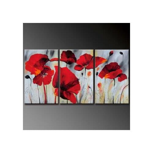 3pcs Hand Painted Oil Painting Modern Canvas Art Wall Decor -Cloudy Poppies II
