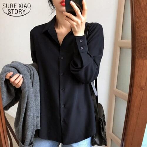 New Korean Loose Slimming Lazy Womens Shirts Autumn and Winter Women Chiffon Blouse Fashion Black Ol Top Female Feminine 6830