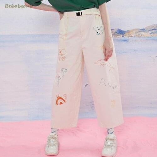 Summer Autumn Women Casual Trousers Ankle-length Pant Capris Cotton Cartoon Beach Element Embroidery High Waist Straight Pants