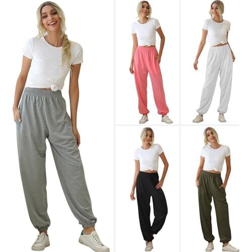 Women Fashion Casual Pants High Waist Solid Color Loose Hip Hop Dance Jogging Running Sports Ankle-Tied Sweatpants Jogger