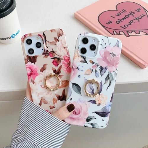 Retro Flower Pattern Bracket Phone Case for iPhone 11 12 Mini Pro Max XS Max X XR 7 8 Plus Case Flash Ring Holder Soft Cover
