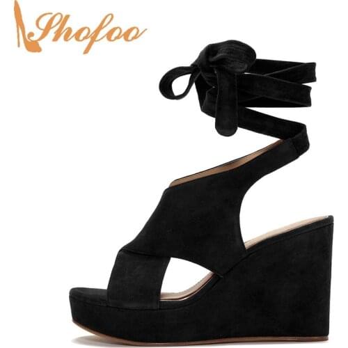 Black Platform High Wedge Heels Sandals Open Toe Flock Women Larger Size 11 14 For Ladies Fashion Ankle Cross Strap Shoes Shofoo