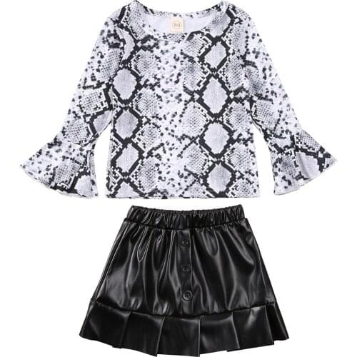 Baby Off-shoulder Long Sleeves + Leather Skirt, Snake Print Ruffle Decoration Season Clothing 18M-6T