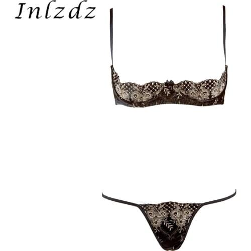 Womens Hot Erotic Lingerie Set Floral Embroidered Half Cups with Push-Up Underwired Bra with G-String T-Back Briefs Underwear