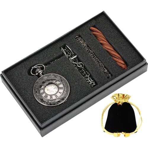 Pocket Watch Necklace Chain Gifts Box Set Unisex Hollow Out Black Dial Roman Number Durable Black Case Necklace Pocket Watch