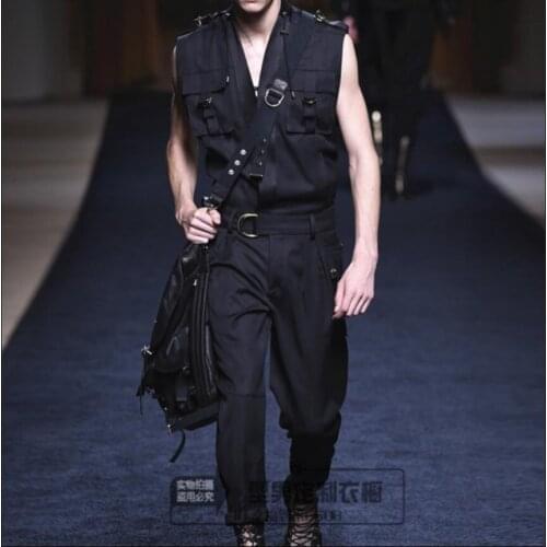 28-46 New Tide Mens Jumpsuit Catwalk Fashion Personality Casual Loose Pants British Youth Hair Stylist Sleeveless Overalls