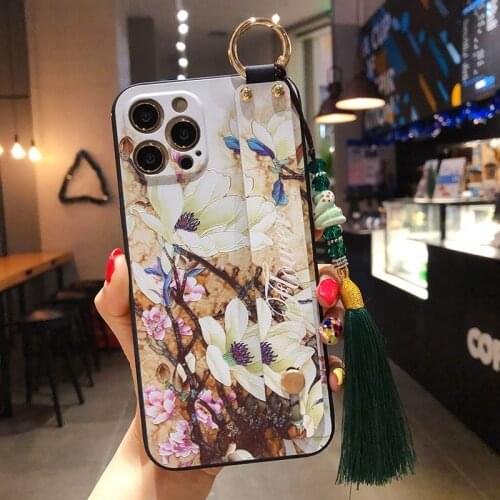 Sumkeymi Wrist Strap Flowers Soft TPU Silicone Bumper Cover Phone Holder Case For iphone 11 12 7 8 Plus mini Pro Max X XS XR