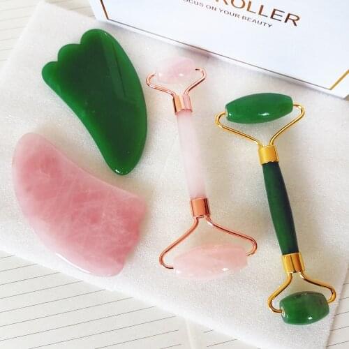 Natural Jade Roller and Gua Sha Massage Tool Set Face Massager Lifting Anti Aging Slimming Therapy with Double Neck Roller Stone