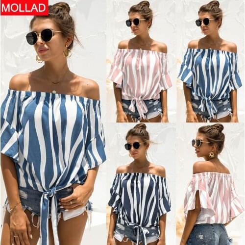 2021summer Cross-Border New Independent Station Hot Sale Off-Shoulder Striped Printed Lace-up T-shirt