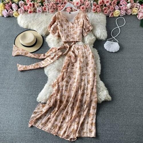 Summer women new chic gentle wind V-neck trumpet sleeves bow tie with floral short chiffon shirt high waist skirt two-piece sets