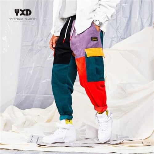 New fashion mens multi-pocket casual overalls men loose high quality color block patchwork corduroy harem pants man trousers
