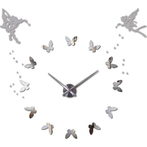 Angel Butterflies 3D DIY Large Wall Clock Modern Design Silent Acrylic Oversize Self adhesive Wall Clock Sticker Home Decor