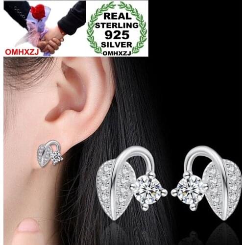 OMHXZJ Wholesale Simple Sweet Lovely Fashion Kpop OL Woman Girl Wedding Leaf Buds Zircon 925 Sterling Silver Stud Earrings YS408