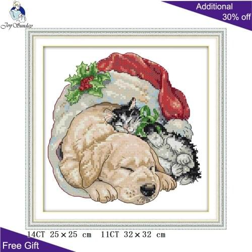 Joy Sunday Christmas Cat And Dog Needlework DA121 14CT11CT Counted and Stamped Home Decor Christmas Animal Cross Stitch kits