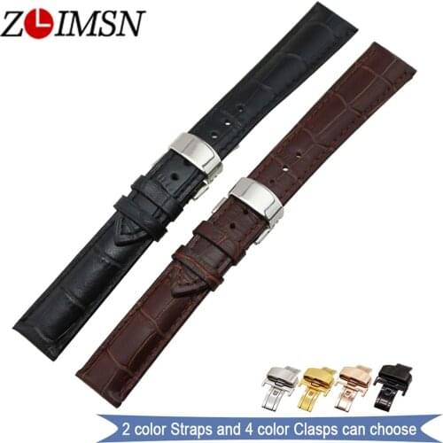 ZLIMSN Watchbands Men Women Cowhide Genuine Leather Black Brown Watches Accessories 18mm 20mm Watch Band Strap Deployment Clasp