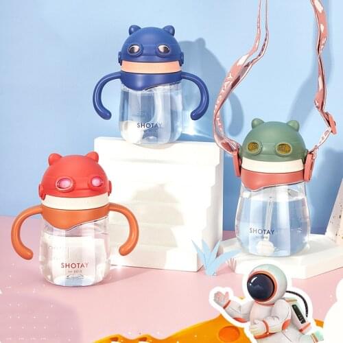 Ins 360/450ml Portable Travel Cute Drink Water Straw Strap Handle Plastic Bottle for Baby Kids Children Students Home School Cup