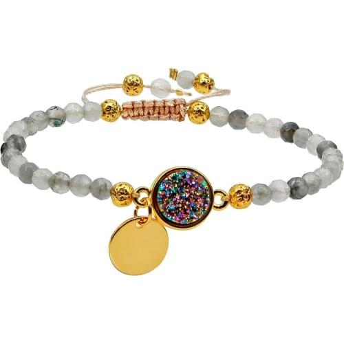 SUNYIK 4mm Faceted Stone Beads Bracelet,Round Titanium Coated Quartz Druzy Crystal,Adjustable Wristband 6"-7.8"