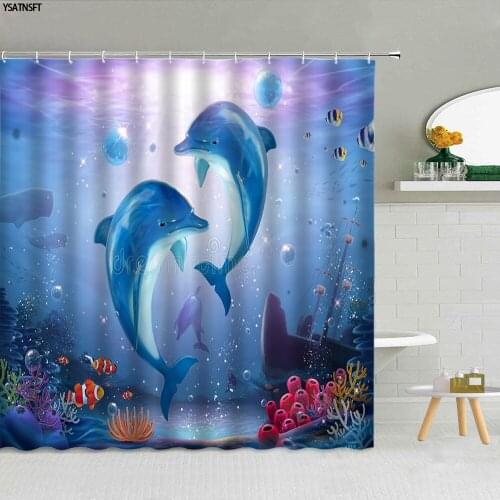 3D Fantasy Ocean Animal Dolphin Theme Shower Curtain Tropical Fish Fabric Bathroom Supplies Cloth Curtains Home Decor With Hooks