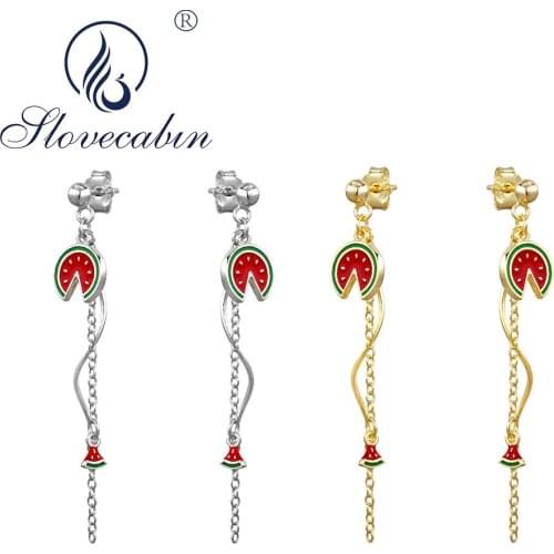 Slovecabin Original 925 Sterling Silver Watermelon Pendant Drop Earrings Chain Piercing Threader Dang Earrings For Women Gift