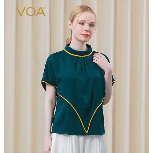 VOA Silk Dark Jacquard Green Half-high Collar One Button Bat Sleeve Fold Yellow Bright Line Edging Temperament T-shirt BE596