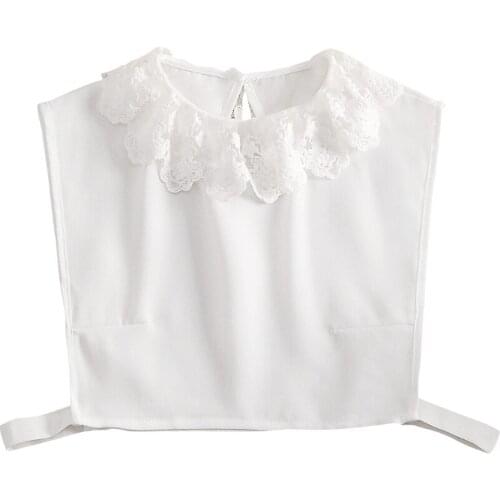 Women Spring Autumn Chiffon Detachable Fake Collar Dickey Embroidery Floral Lace Lapel Half Shirt Blouse Decorative Sweater C6UD
