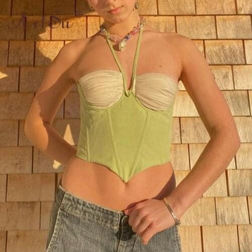 ArtSu 2000s Woman Patchwork Lace Up Halter Corset Tops Summer Y2K Fashion Backless Green Sexy Tank Top Sleeveless Crop Top