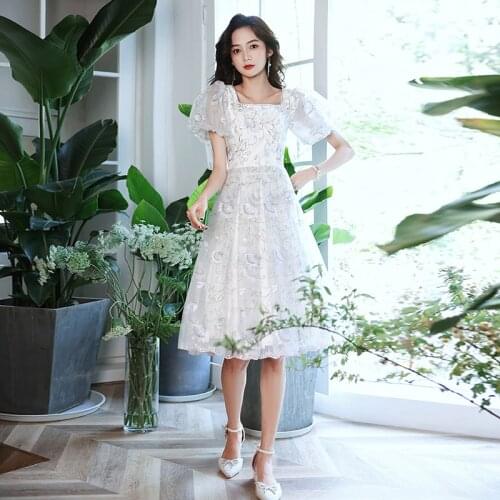 Prom Gown Luxurious Appliques Short Sleeves Empire A-Line Square Collar Pleat Knee-Length New Plus Size Party Gowns Women A1451