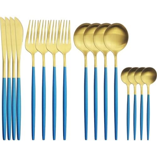 16Pcs Blue Gold Dinnerware Cutlery Set Knives Fork Coffee Spoons Stainless Steel Dinner Tableware Western Kitchen Silverware Set