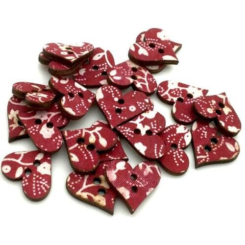 50PCS 18x19mm Mini Heart Shape With Pattern Childs Buttons Wooden Buttons DIY 2 Holes Wood Buttons Painting Sewing Scrapbooking