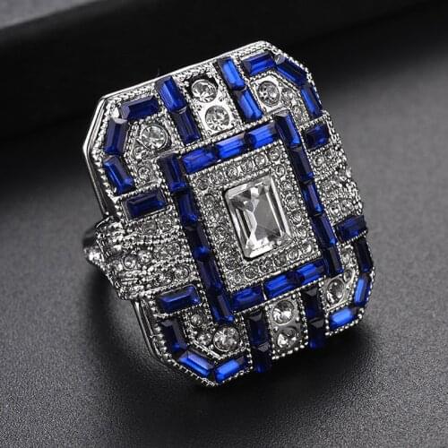 AMORUI Luxury Blue Crystal Cubic Zirconia Band Rings for Women Bijoux Anel Femme Silver Color Princess Love Ring Jewelry Gift