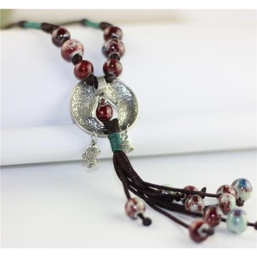 Tassel Long Necklaces Ceramic Round Beads Pendants Double Fish Chain Rope Colar Stone Charm Statement Women Sweater Jewelry Gift