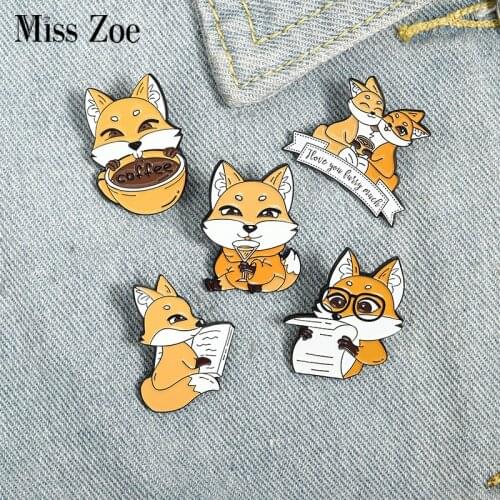 Fox Coffee Enamel Pin Custom Lover Drink Newspaper Brooches Bag Lapel Pin Cartoon Animal Badge Jewelry Gift for Kids Friends
