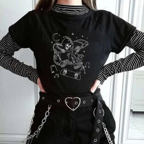 Skateboard Death Moon Graphic Tee Summer Fashion Gothic Style Harajuku Unisex Women T Shirt O Neck Grunge Egirl Edgy Clothing
